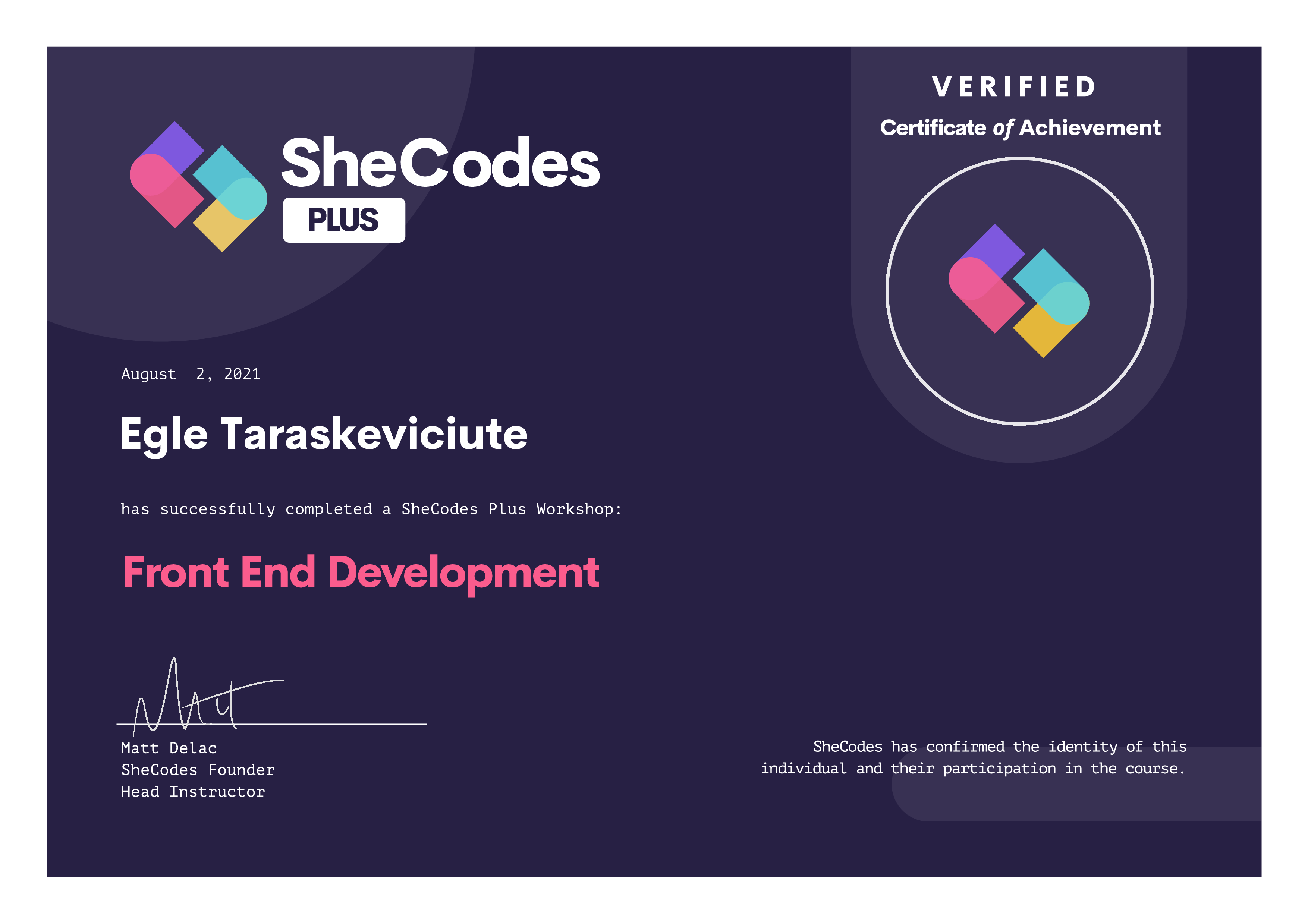 SheCodes Plus certificate of completion